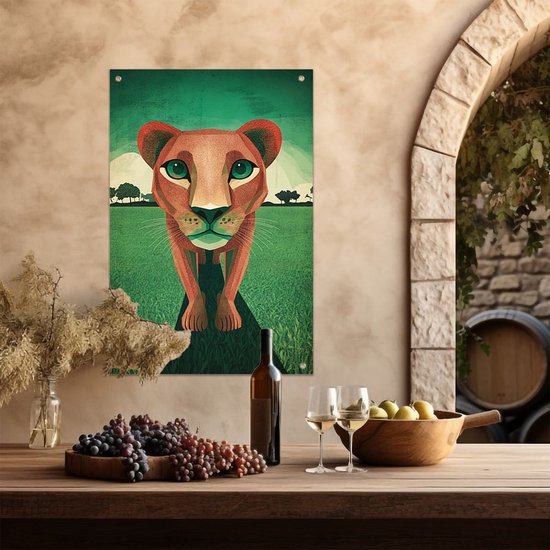 Leeuw in groen landschap - Dier buitenposter - Poster van buiten leeuw - Digital Art - Buitenmuur kunst - Weerbestendige tuinposter - tuinposter 60x90 cm