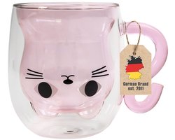 Intirilife thermo glas dubbelwandig met kat design in roze - 200ml inhoud - geïsoleerde glazen mok hittebestendig voor koude en warme dranken koffie kop thee kop drinkglas