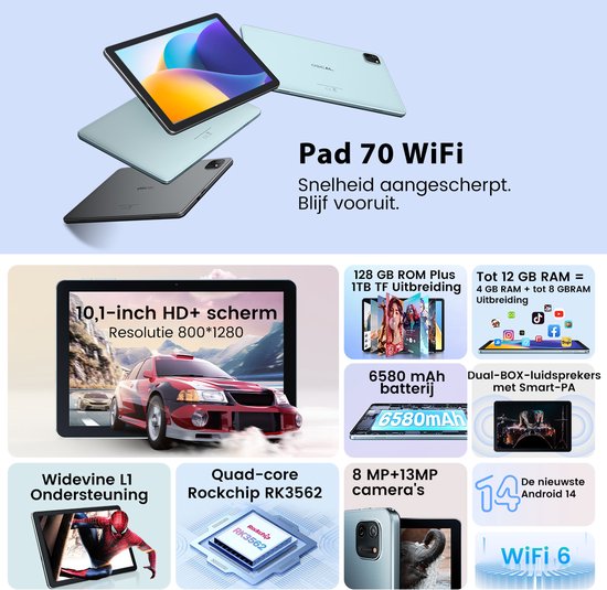 Tablette Oscal Pad 70 WiFi 10.1" HD+ IPS - Android 14 - 2.4G+5G WiFi 6, - RAM 12 GB - ROM 128 GB - 8MP+13MP - 6580mAh - Avec Clavier - Grijs