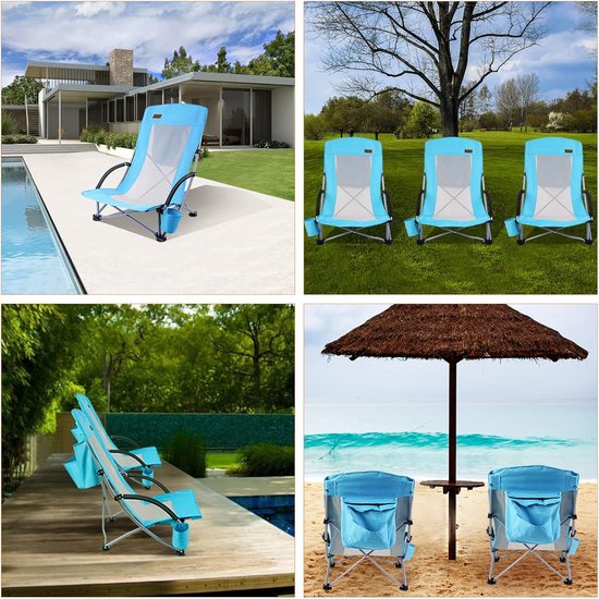 Chaise de plage, chaise de plage, pliable, légère, chaise de camping, pliable, 1 pièce avec glacière, compacte, dossier haut, porte-gobelet et sac de transport (1 bleu)