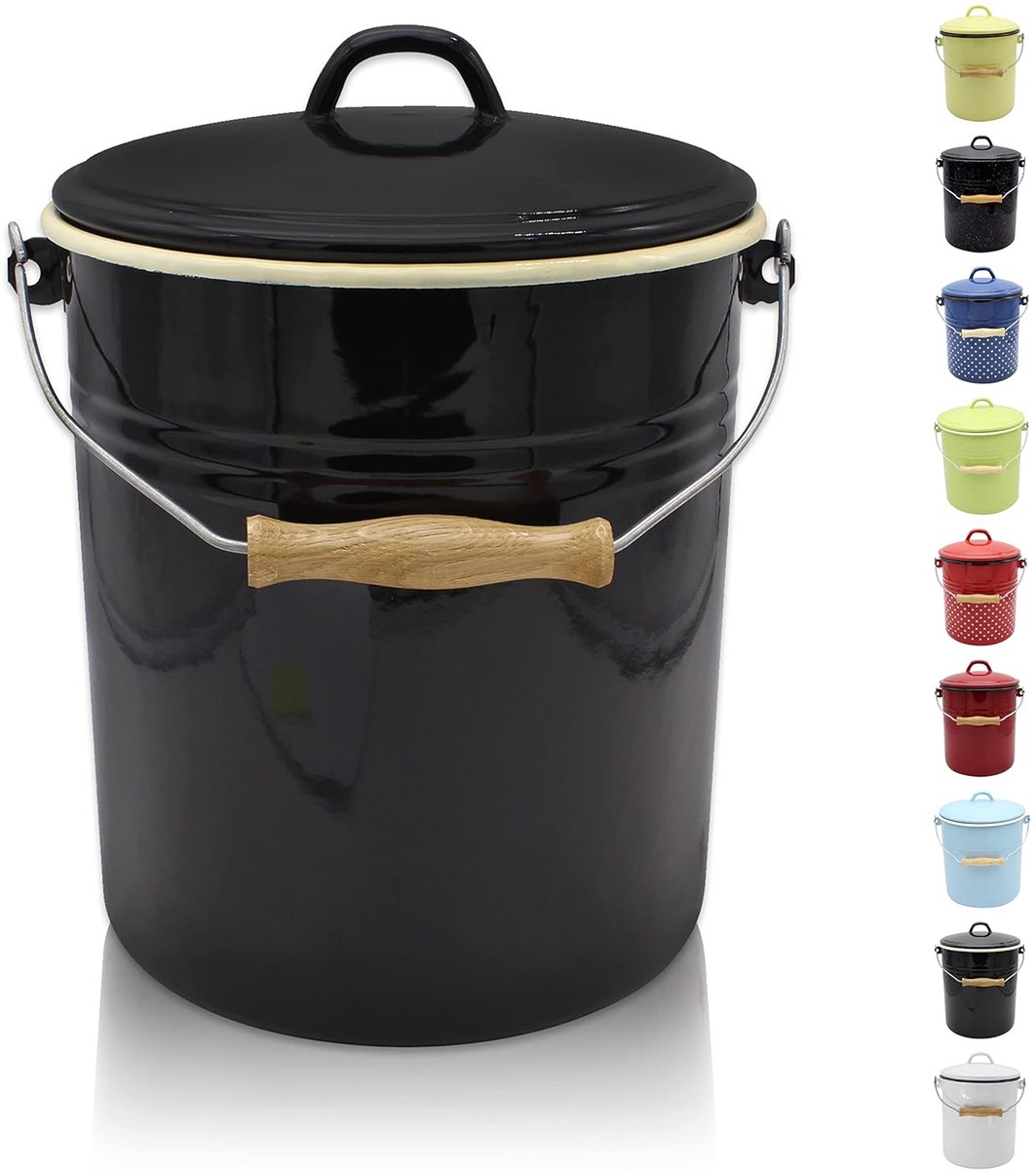 Goedkoopste Vuilnisemmer met deksel, stalen afvalemmer met emaille coating en houten handvat, snij- en krasbestendig oppervlak, en veelzijdig inzetbaar (10 liter,