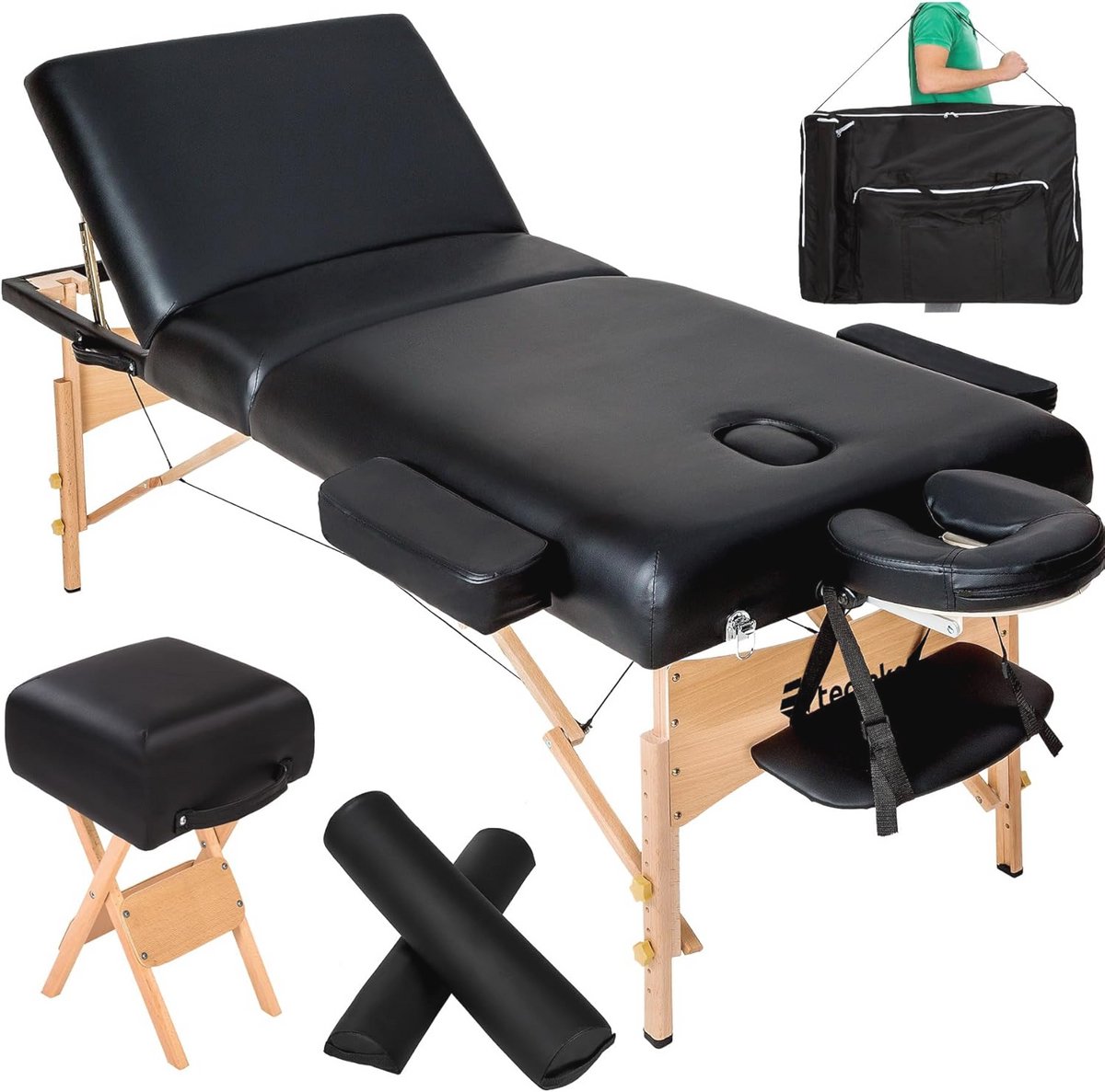 Massagetafel met 10 cm Hoog Matras en Opvouwbaar Ontwerp – Inclusief Draagtas, Kruk en Zwarte Rol Kussens