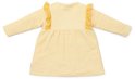 Achterkant van een geel geruit jurkje met lange mouwen en kanten schouderrandjes.