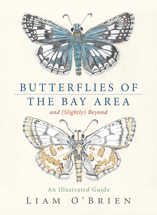 Twee vlinders, blauw met wit en grijs met geel, boven en onder de titel 'Butterflies of the Bay Area and (Slightly) Beyond'.