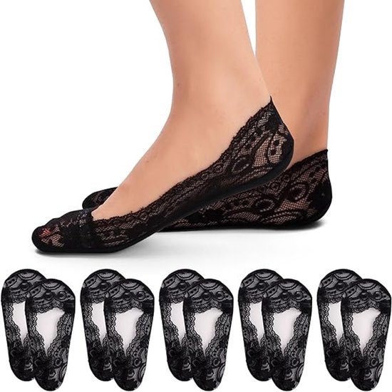 Lot de 5 paires de chaussettes No en dentelle pour femme, antidérapantes, idéales pour les baskets, les talons hauts et les chaussures bateau basses. Noir