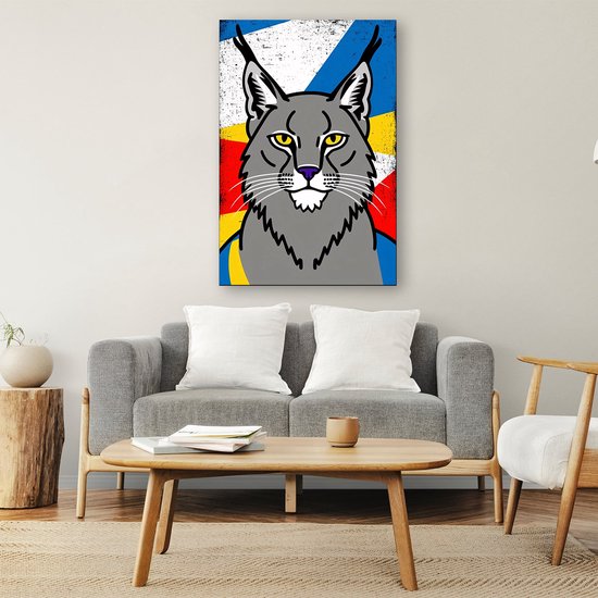 Kleurrijke grafische lynx illustratie - Lynx canvas schilderij - Canvas dier - Pop Art - Muurdecoratie kinderkamer - Wanddecoratie woonkamer - canvas 30x45 cm