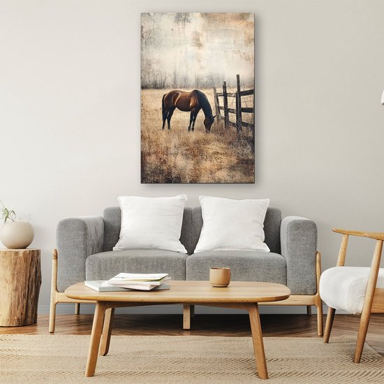 Cheval broutant dans la nature - Portrait de cheval - Œuvre d'art animalier - Mouvement artistique réaliste - Décoration murale pour chambre d'enfant - Art mural - toile 80x120 cm