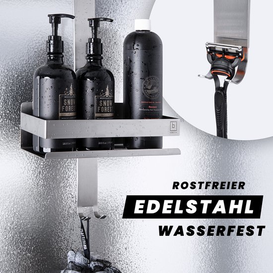 Zilverkleurig metalen doucherek met 3 zwarte dispensers en 1 transparante dispenser.