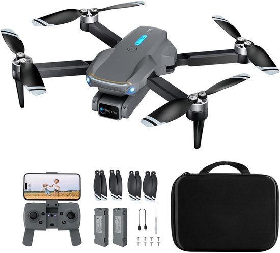 Grijze drone, controller, smartphone met live beeld, reserveonderdelen, batterijen, schroevendraaier en draagtas.