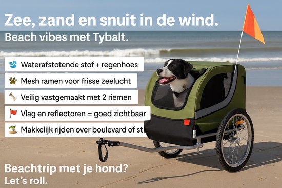 Groene fietskar met zwarte details op het strand, met een hond. Waterafstotend, mesh ramen, riemen & vlag.