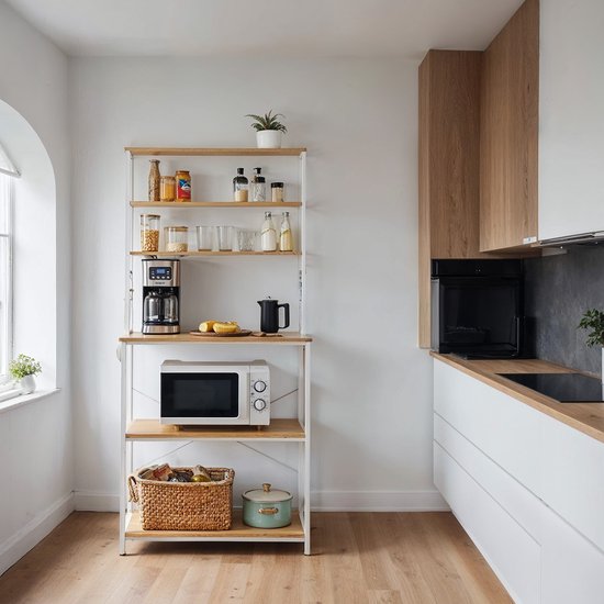 VASAGLE Keukenrek met stopcontacten, bakkersrek, koffiestang, 8 S-haken, mand, kruidenrek, 40 x 90 x 165,5 cm, gouden eiken en wolkenwit KKS031Y19