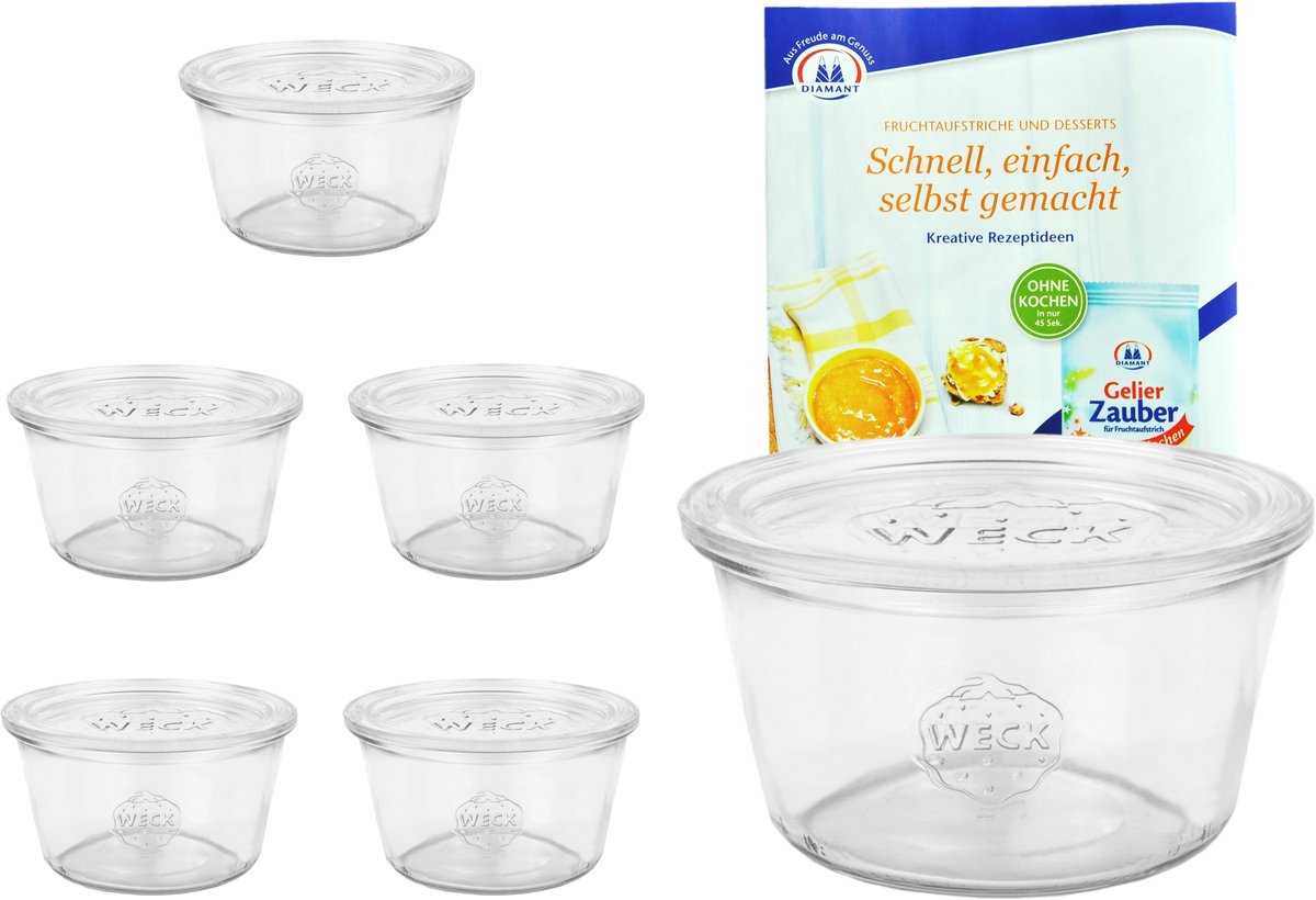 Set van 6 Weck glazen potten 290ml laag, 1/5L potten met 6 glazen deksels incl. geleermagie receptenboekje van Diamantzucker