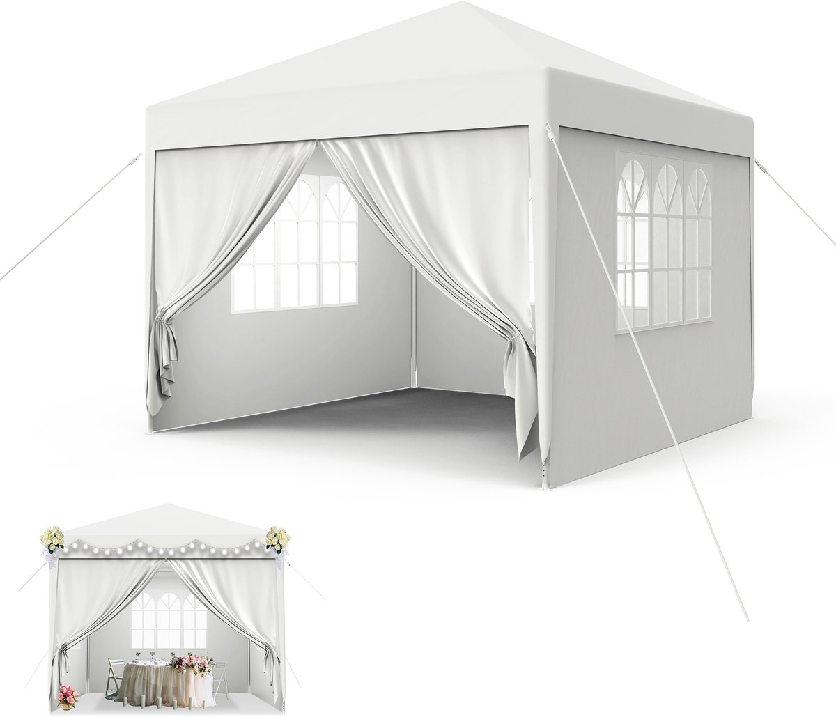 Paviljoen, 3 x 3 m, partytent, stabiel, waterdicht, winterbestendig, uv-bescherming, tuinpaviljoen, feesttent, biertent, campingtent met zijdelen en ramen, voor tuin en camping, wit