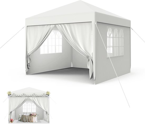 Pavillon, 3 x 3 m, tente de réception, stable, étanche, résistant à l'hiver, protection UV, pavillon de jardin, tente de fête, tente à bière, tente de camping avec panneaux latéraux et fenêtres, pour jardin et camping, blanc
