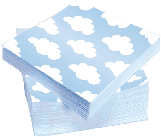 Lichtblauwe servetten met een patroon van witte wolken, 20 stuks.