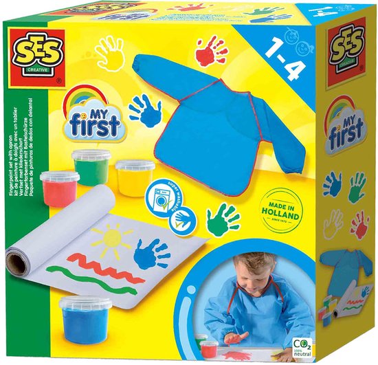 SES Creative - My First - Vingerverf set met Kliederschort - 4 kleuren Vingerverf (4x110ml) met Verfschort en Papier - Goed Uitwasbaar – Glutenvrij – Speelgoed 1 tot 4 jaar