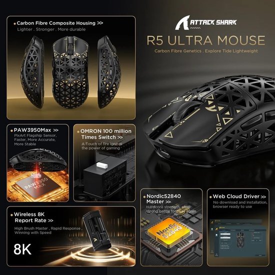 ATTACK SHARK R5 Ultra Ratón Inalámbrico para Juegos De Alta Velocidad