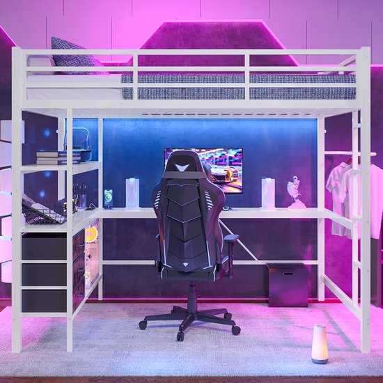 Lit mezzanine 140 x 200 cm avec bureau, armoire et étagères - Métal MDF - Blan