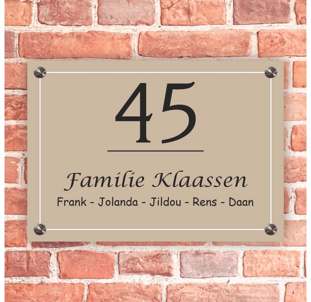 Naambordje voordeur rechthoek lichtbruin met wit kader - 20x14cm - Incl. RVS bevestigingsmateriaal