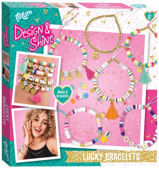 Totum 6 geluks armbandjes maken Design & Shine incl. 800+ disc heishi kralen sieraden pakket - creatief speelgoed meisjes cadeau tip Sint Kerst lucky bracelets