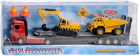 Rode dieplader met gele hijskraan en gele dump truck, met oranje kegels en borden 'DANGER ZONE' en 'KEEP OUT'.