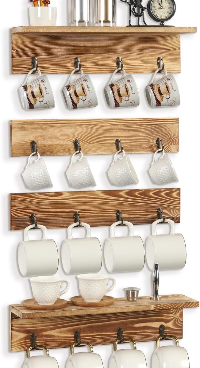 Rustieke Bekerhouder voor aan de Muur - Hangend Kopjesrek - 16 Haken - Set van 4 - Hout