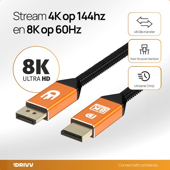 Drivv. Câble Displayport - 8K 60Hz – 4K 144 Hz - 32,4 Go/s - Displayport 1.4 - Câble DP - 2 mètres