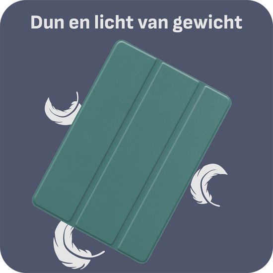 Dichtgeklapte groene iPad hoes, met veren die lichtgewicht suggereren.