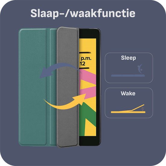 Groene iPad hoes die de slaap- en waakfunctie demonstreert.