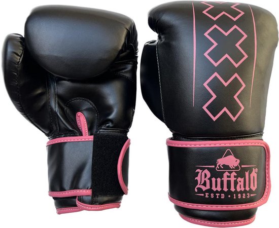 Zwarte bokshandschoenen met roze Andreaskruizen, klittenbandsluiting en roze randen.