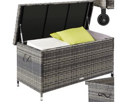 tectake® Wicker opbergbox - Outdoor kussenbox - Uitneembare binnenzak en cijferslot - Weerbestendig en afsluitbaar met deksel - Verrijdbaar - Inclusief 2 handgrepen, 2 wielen en gasveren - Inhoud 270 l - Afmeting (LxBxH) 121 x 56 x 60 cm - Grijs