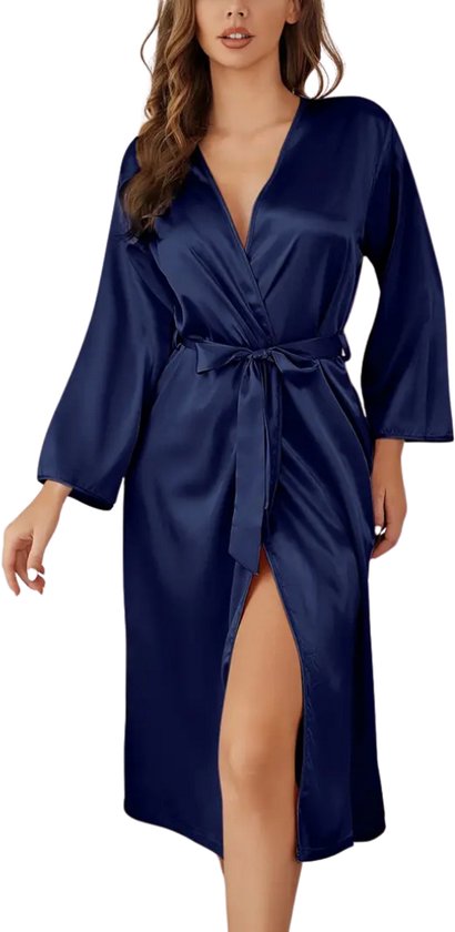 Nivard Satijnen Badjas Dames - Kimono - Kamerjas - Satijn - Ochtendjas - Pyjama - Marineblauw - Maat XL