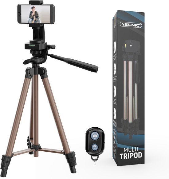 Bronzen statief met telefoon, YSONIC verpakking en een zwarte afstandsbediening.