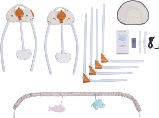 Onderdelen van een elektrische babywieg, waaronder een draagbeugel, framebuizen, een hoofdkussen, een muziekdoosje, een afstandsbediening en een USB-kabel.