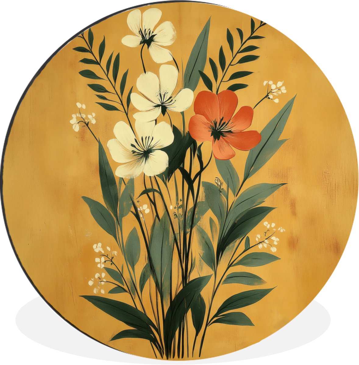 WallCircle Wandcirkel - Muurcirkel - Bladeren - Boeket - Bloemen - Geel - Aluminium - Dibond - 90x90 cm - Binnen en Buiten
