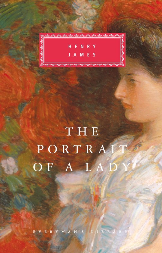 Boek: The Portrait of a Lady van Henry James. Een schilderij van een dame in profiel, met een rode en groene achtergrond.