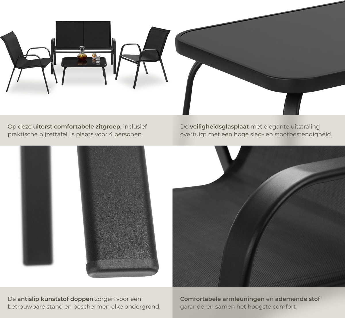 tectake® Tuinset Nora - Moderne Zitgroep voor 4 Personen - Loungeset met Tuinbank en 2 Tuinstoelen van Ademend, Waterafstotend Textileen-Weefsel - Balkonset Met Bijzettafel - Zwart – foto 5