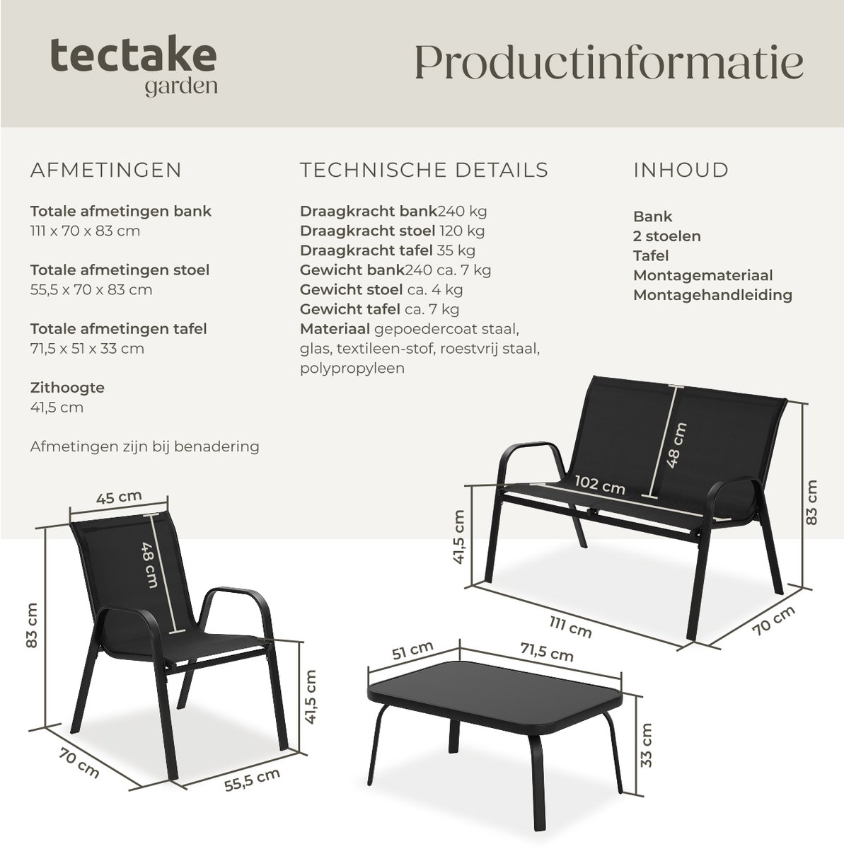 tectake® Tuinset Nora - Moderne Zitgroep voor 4 Personen - Loungeset met Tuinbank en 2 Tuinstoelen van Ademend, Waterafstotend Textileen-Weefsel - Balkonset Met Bijzettafel - Zwart – foto 4