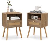COSTWAY Lot de 2 tables de chevet en rotin, table de chevet avec tiroir et compartiment ouvert, table d'appoint avec pieds en bois massif, table de chevet de style bohème, table basse pour chambre, salon, 40 x 30 x 60,5 cm