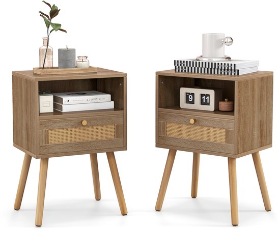 COSTWAY Nachtkastje rotan set van 2, nachtkastje met lade en open vak, bijzettafel met massief houten poten, nachtkastje in boho-stijl, salontafel voor slaapkamer, woonkamer, 40 x 30 x 60,5 cm
