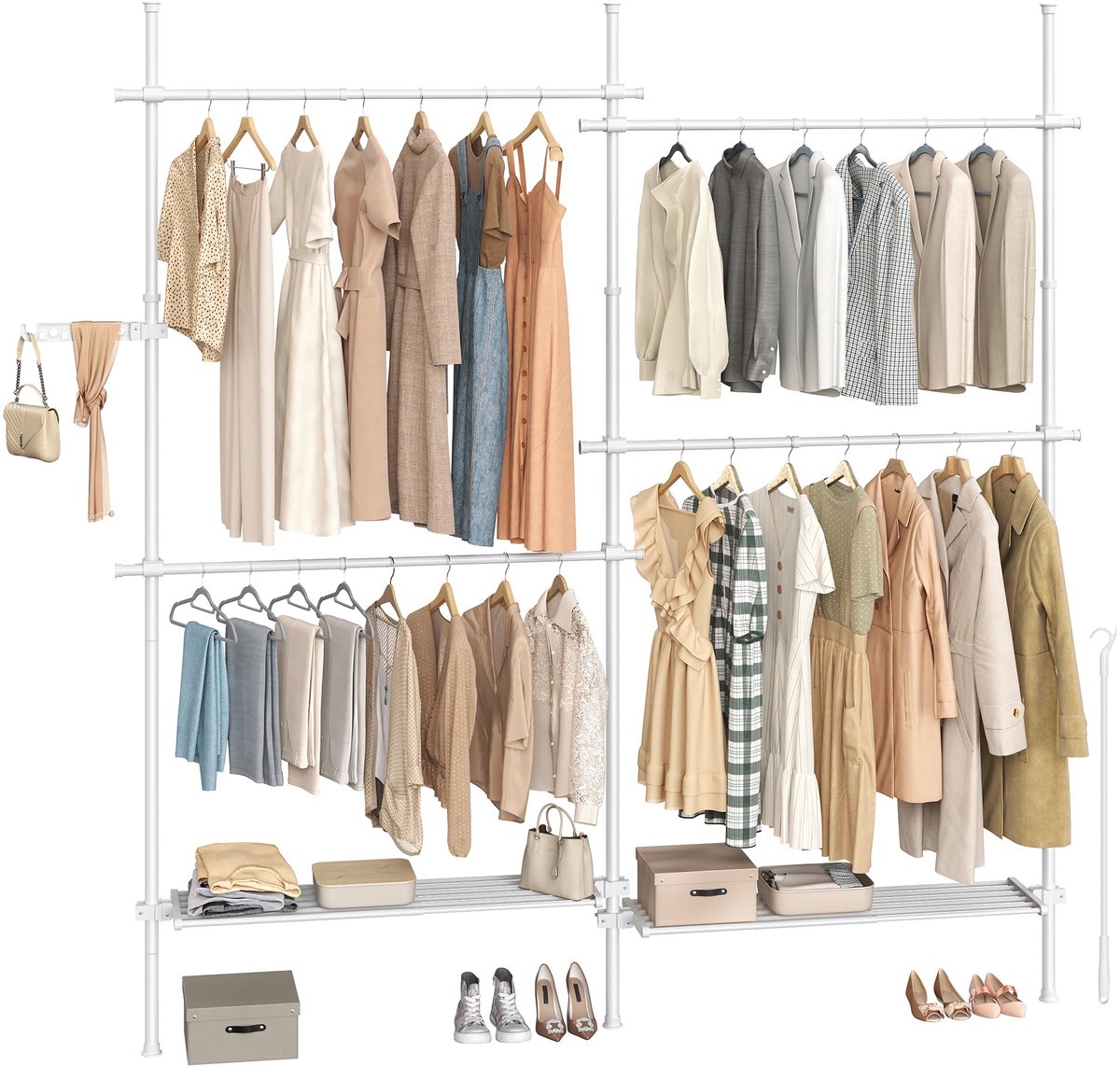 SONGMICS Kledingrek aan het plafond, 3-traps garderobe, in hoogte en breedte verstelbaar, open kledingkast met afneembare planken, garderobe, grijparm, mat wit