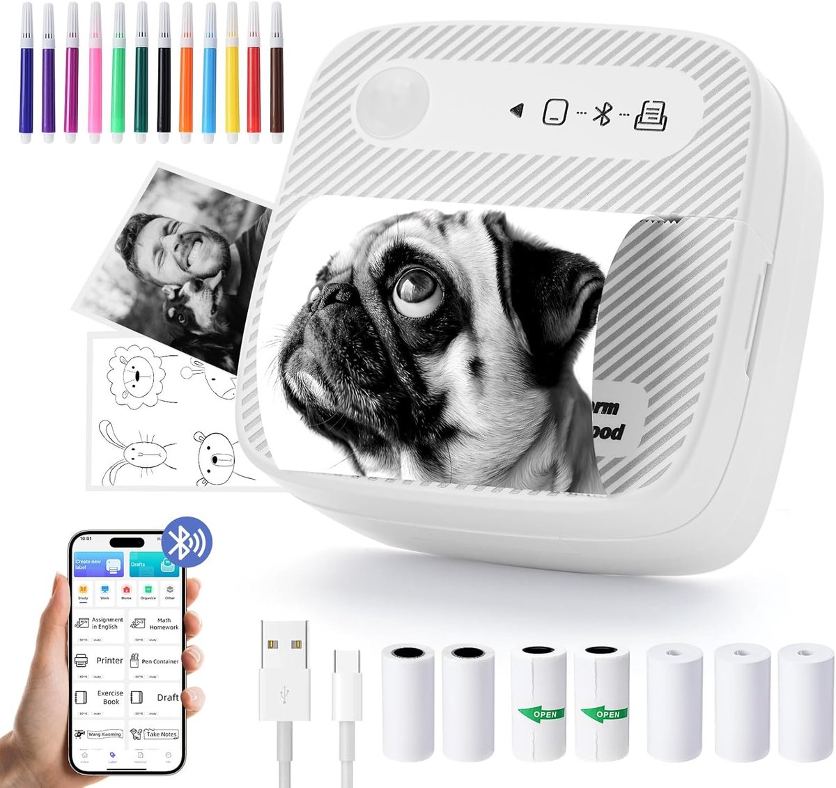 Mini Draagbare Thermische Fotoprinter voor Kinderen - Bluetooth Inktloze Labelprinter met 7 Rollen en 12 Pennen