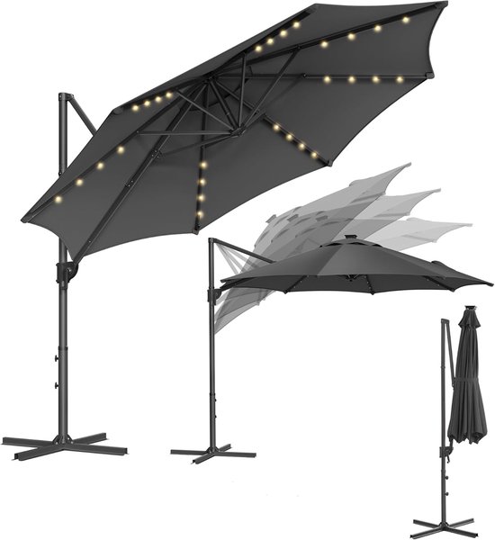FurnStar - Parasol 300 cm - Parasol déporté - 28 lampes solaires LED- Protection UV UPF 50+ - Rotatif à 360° - Inclinaison réglable en continu - Avec manivelle, pied croisé - Grijs