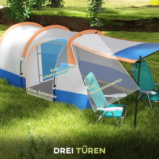 Tunneltent - Familietent 3 persoons - Kampeertent met drie ingangen - Waterdicht - Oranje van Merkloos — afbeelding 3