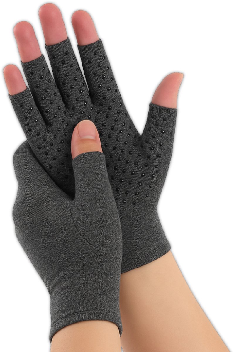 Trebin Compressie Handschoenen met Antislip - Reuma Handschoenen met Grip Noppen - Geschikt bij Artrose, Reuma en Carpaal Tunnel Syndroom (CTS) - Voor Dames en Heren - Maat M - Grijs
