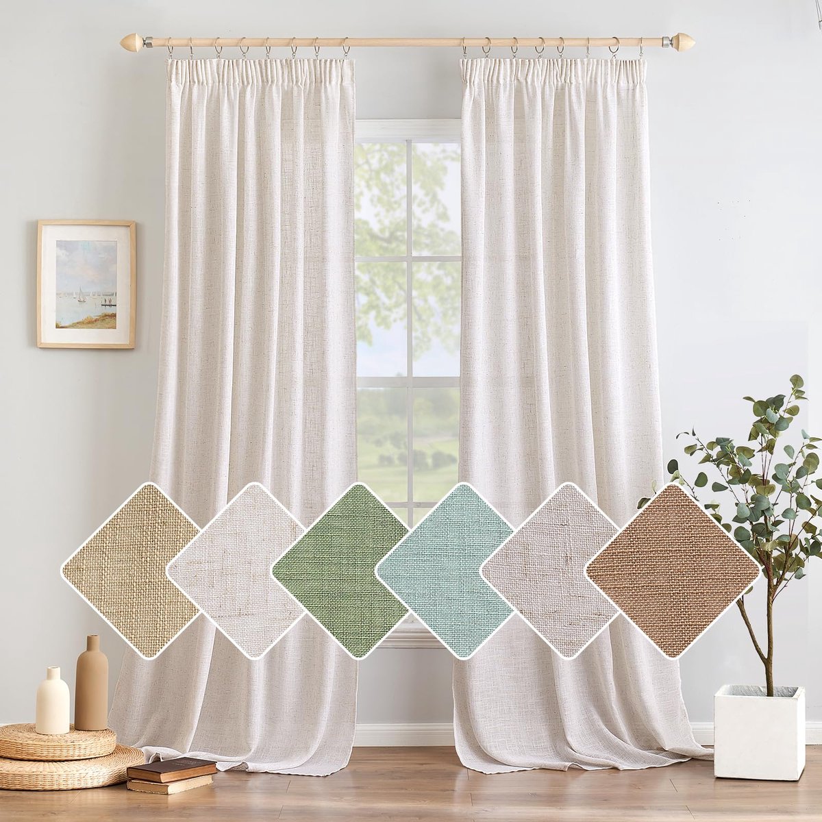 Ibenzoa Luxe Linnenlook Gordijnen Set met Plooiband, Half-Transparant, Modern Design, 140 x 245 cm, Gebleekt Wit beige