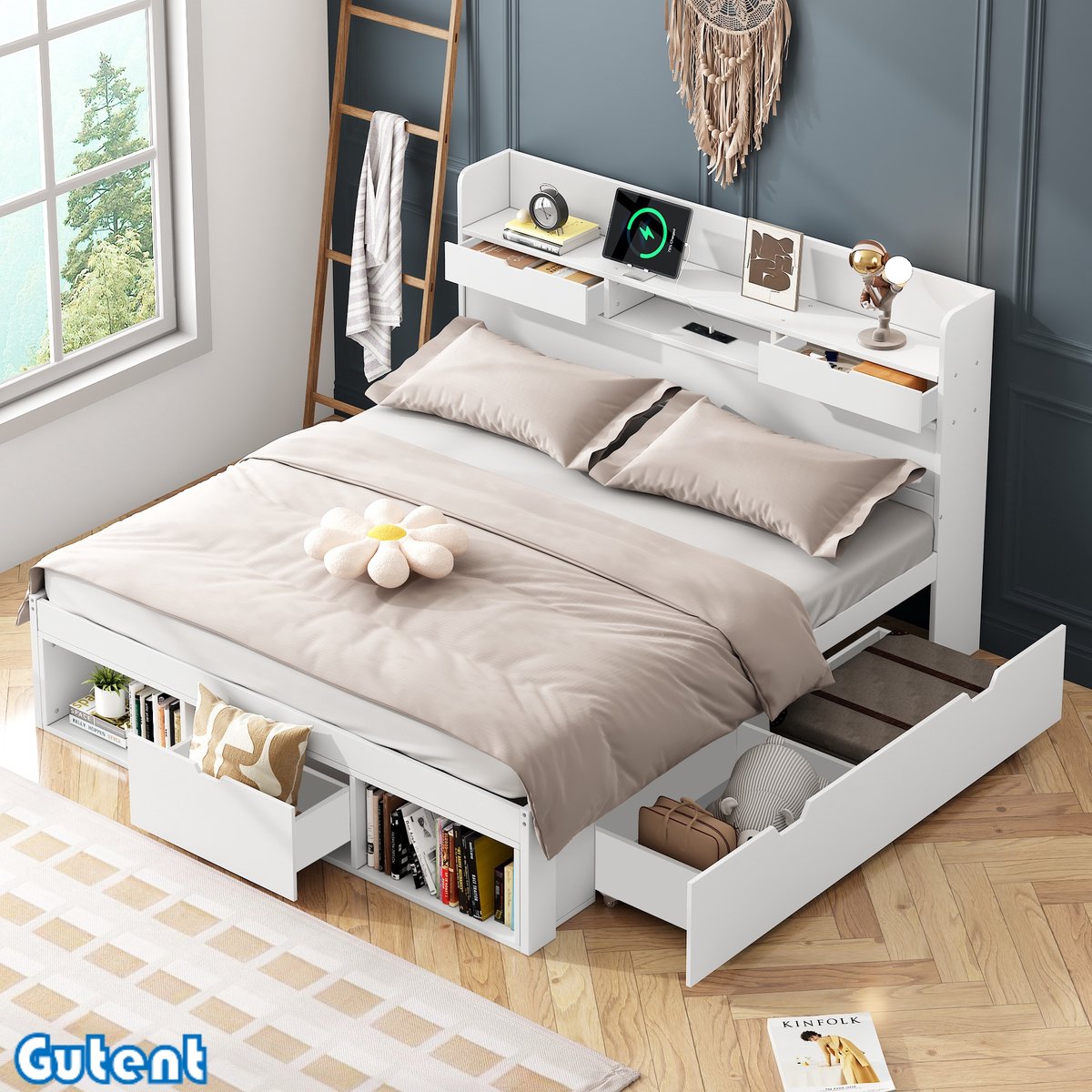 Gutent Tweepersoonsbed-140*200 cm-Met USB-poort-Juniorbed-Grote opbergruimte-Met matras-Wit