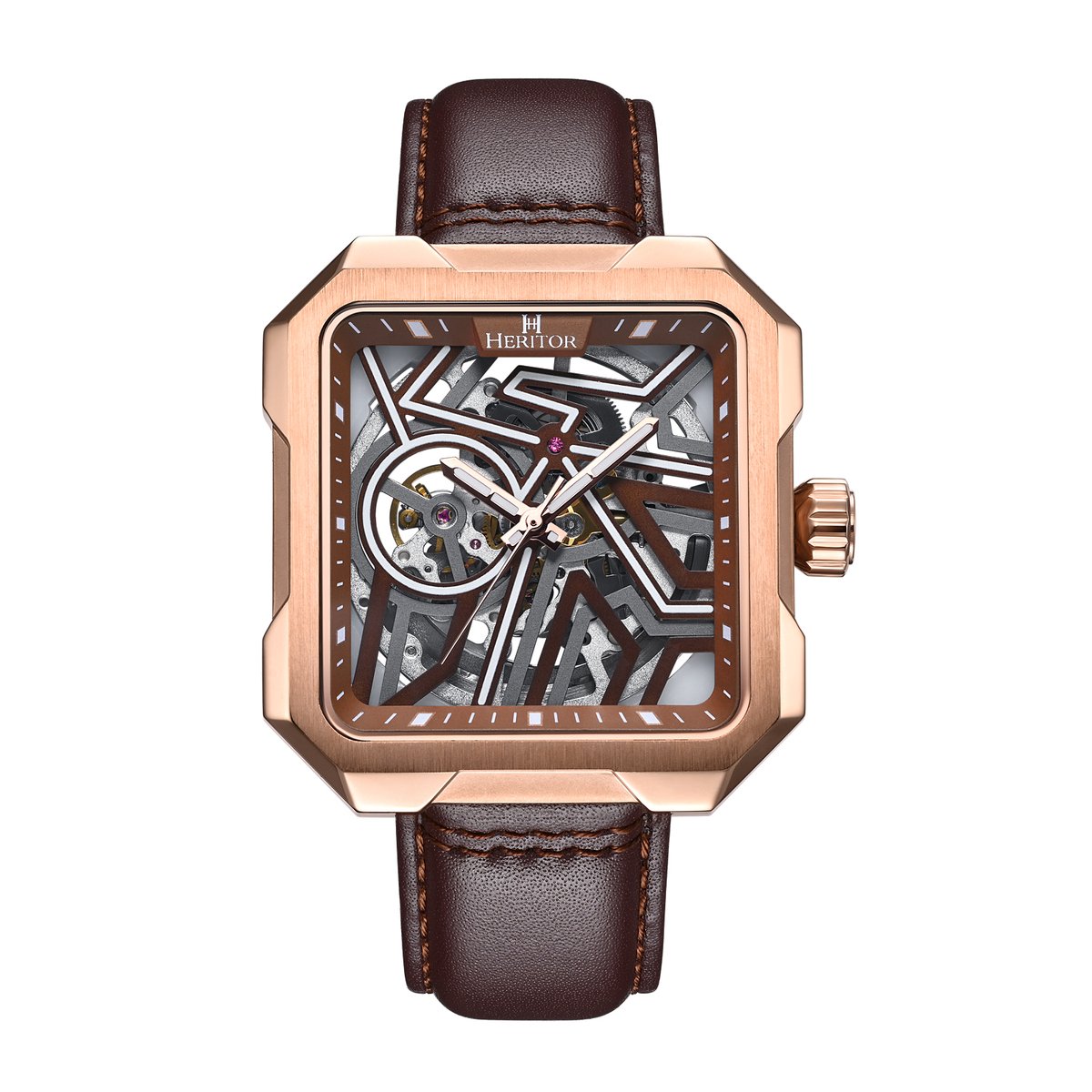 Heritor Automatic Campbell leren band skelethorloge - roségoud-bruin