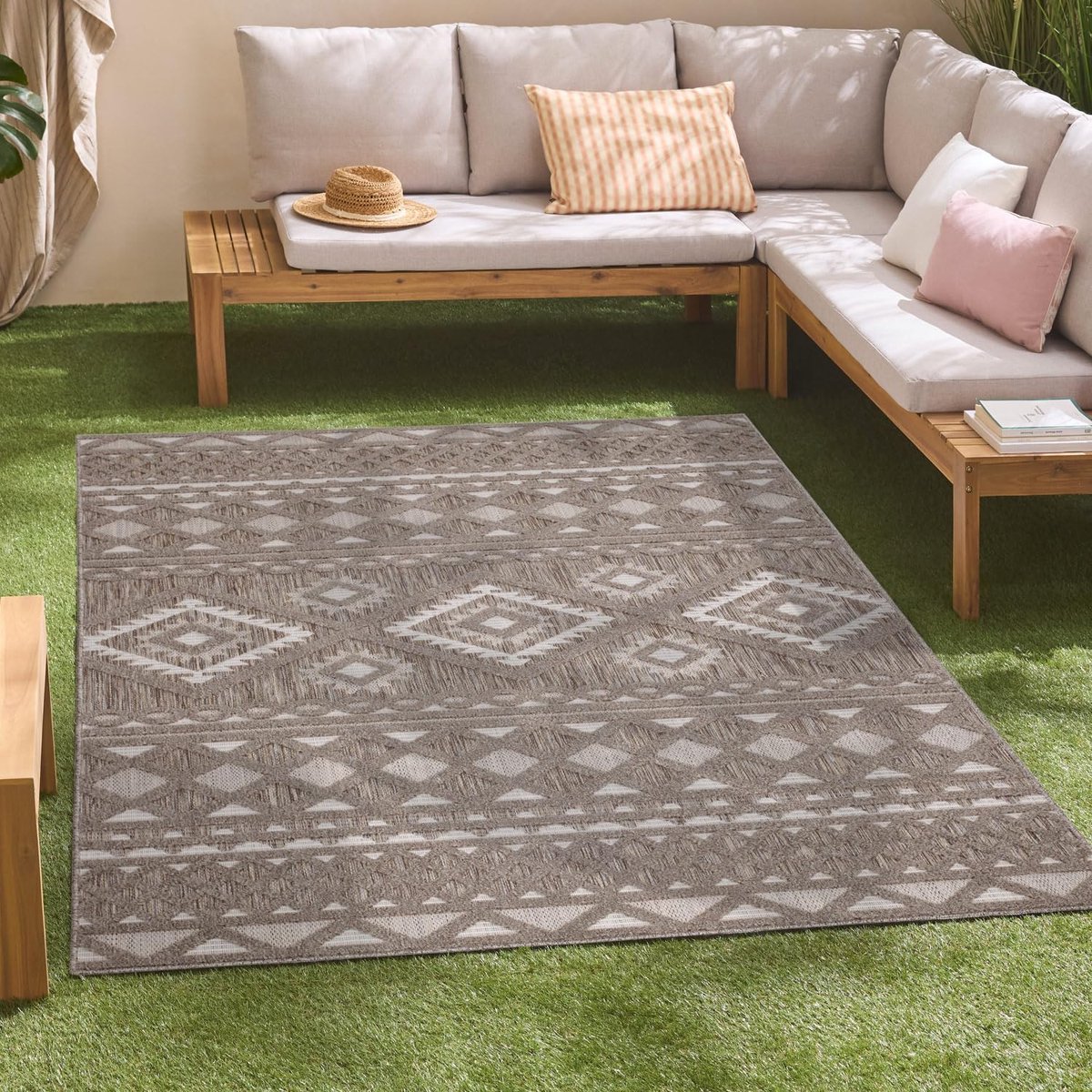 Weerbestendig Vierkant Tapijt 200x200 cm voor Binnen en Buiten - Hoogdiep 3D-Effect in Bruin - Ideaal voor Terras, Balkon, Keuken en Woonkamer