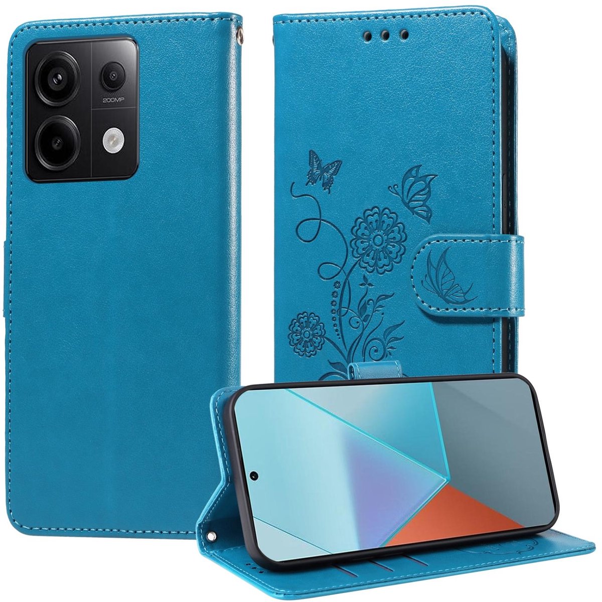 Mobigear Telefoonhoesje geschikt voor POCO X6 Hoesje | Mobigear Flowers Bookcase Portemonnee | Pasjeshouder voor 3 Pasjes | Telefoonhoesje voor Pinpas / OV Kaart / Rijbewijs - Blauw